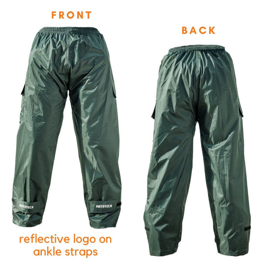 Hurricane TourPro Rain Overtrousers - Waterproof Pants with Cargo Pockets - Dark Grey - Front and Back view, reflective logo on ankle straps