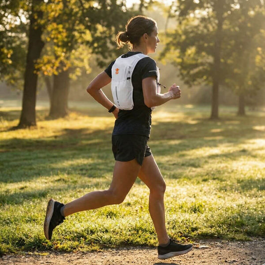 Endurance Hydration Pack – Lightweight Riding, Cycling & Running Vest - White worn by a runner in a sunny park.